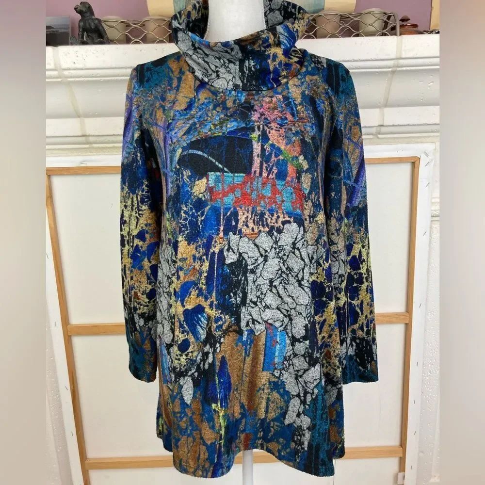 80s True Vintage Colorful Abstract Long Sleeve Tunic w/ cowl neck oversized